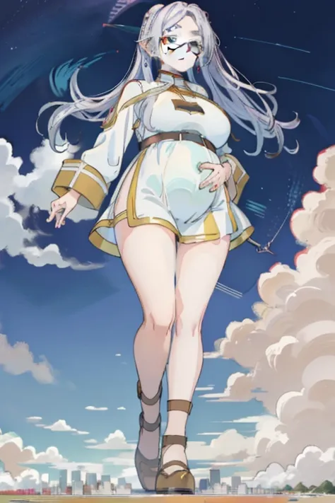 (Masterpiece) Giant maiden，Moe two-dimensional style，Pregnancy status，Round belly, Huge breasts, Thick thighs，Gaze at the bustling city, Lying down, Glasses, Full body