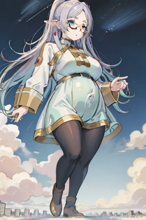 (Masterpiece) Giant maiden，Moe two-dimensional style，Pregnancy status，Round belly, Huge breasts, Thick thighs，Gaze at the bustling city, Lying down, Glasses, Full body