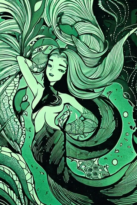 a black and white drawing of Mermaid Girl, by Earnst Haeckel, dark green color scheme, closeup!!!!!!, cyanotype, wallpaper!