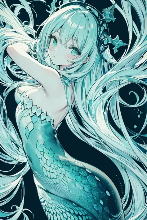 a black and white drawing of Mermaid Girl, by Earnst Haeckel, dark green color scheme, closeup!!!!!!, cyanotype, wallpaper!