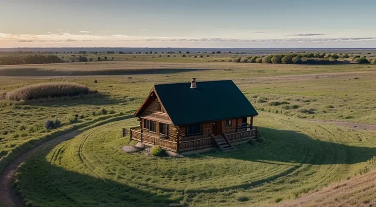 A log cottage in the middle of a vast ranch 360° horizon view, short trees Scattered with a distance from eachother and from the cottage like Savannah that the horizon can be observable easily from the cottage, a stream of water further from cottage