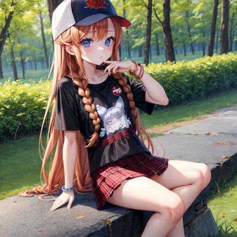 red blonde、blue eyess、Braids、one good looking girl、独奏、animesque、Plaid miniskirt、Black T-shirt、camisole、the woods、Sunlight、sitting on、Wearing a plaid baseball cap、bare-legged、small bracelet、Tilting your face、With a cheek cane