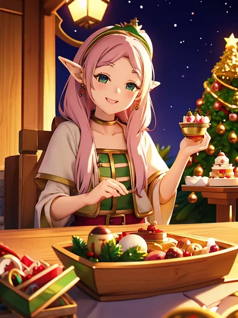 cute smile face、singing elf、sitting in a jewelry box、lots of treasures, treasure chest and sweets、christmas cake、strawberry cake...