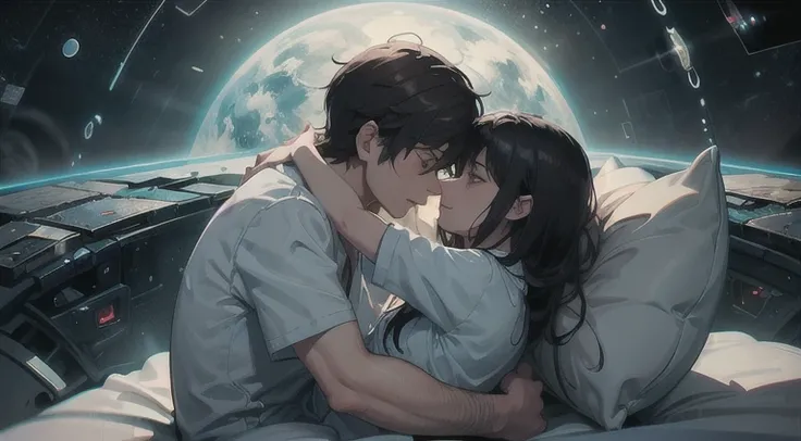 a teenager girl  cuddling with an emo teenager guy in bed, space, space ship, futuristic, bed, bedroom, cuddling, hugging