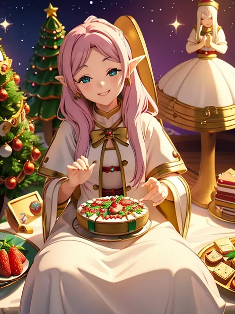 cute smile face、elvish、sitting on the cake、lots of treasures, treasure chest and sweets、christmas cake、strawberry cake、christmas...