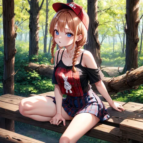 red blonde、blue eyess、Braids、one good looking girl、独奏、animesque、Plaid miniskirt、Black T-shirt、camisole、the woods、Sunlight、sitting on、Wearing a plaid baseball cap、bare-legged、Tilting your face、With a cheek cane