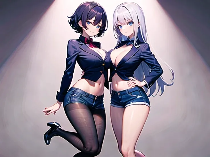 beautiful detailed, finely detailed, perfect anatomy, Full Body, two girls couple, {{straight long silver hair with sharp bang, emotionless smile with blue eyes, slender body, tiny breast, Big butt, black metal clothes showing navel, blue denim hotpants, k...