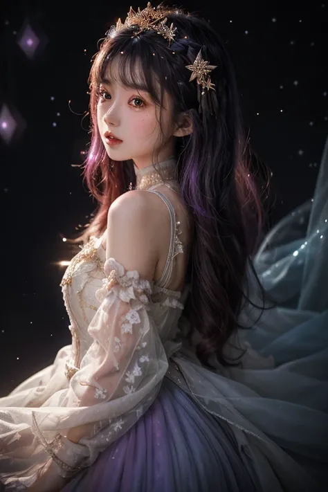 Background with: Mysterious quantum environment, Cosmic elements and ethereal atmosphere，A mix of bright lights and colorful nebulae. The subject: A mysterious girl with a magical aura. She grew up,Digi (True Chinese dream)，Just look at the audience， Color...