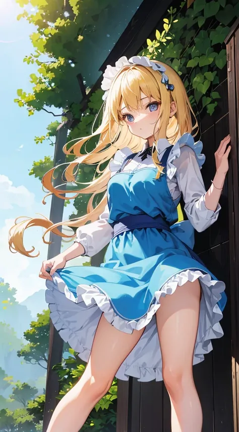 anime styled, High definition illustration, Perfect drawing, Draw anatomically correctly, alice in the wonderland, In the forest where the bright sun shines, Beautiful blonde girl urinating while standing, ((seminude:1.5)), A short, light blue dress with a...