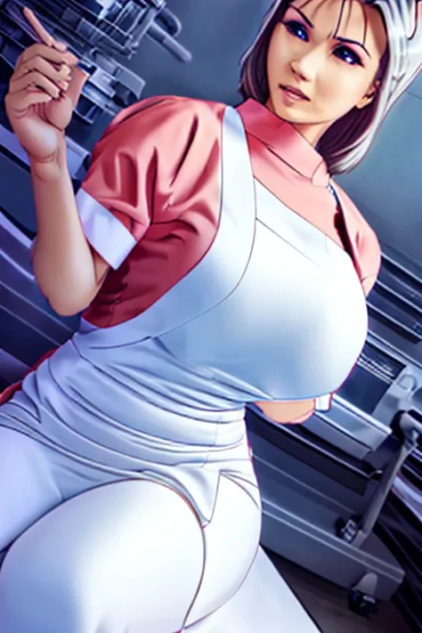 nurse uniform,hospital, latex nurse suit,nurses,busty,elbow gloves,labcoat,silverhair woman,azure eyes , gigantic boobs ,medical...