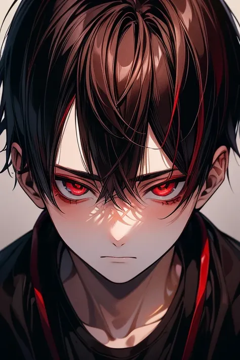 (masutepiece), (Best Quality), Highly detailed, 1 boy, Solo shooting from below，Perfect face, Beautiful face, extra detailed face，(A dark-haired:1.3)，(red eyes:1.3)，Condescending gaze