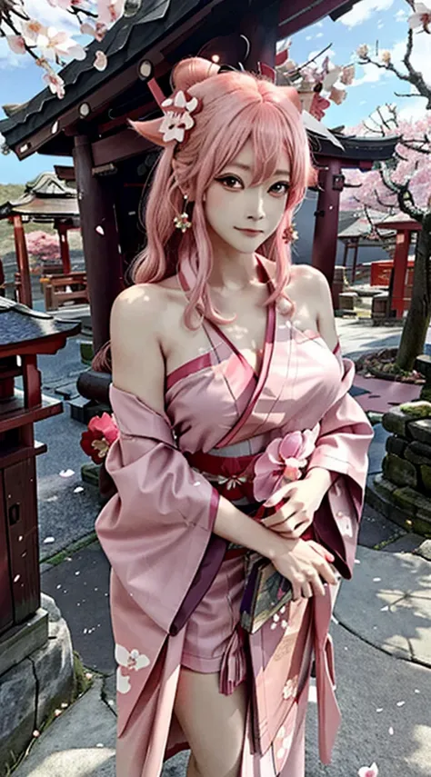 ((masutepiece, Best Quality)), (1girl in),((maturefemale)), Animal ears, Bare shoulders, blush, huge tit, cherryblossom, Closed mouth, Detached sleeves, earrings, Fingernails, flower, Fox ears, Pedras preciosas, hair between eye, Hair Ornament, Hand up, ko...