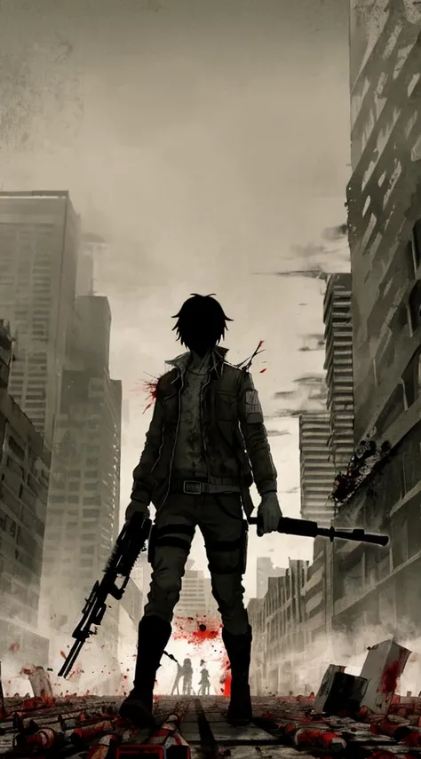 Anime guy male, walking in dead City, fullof zombie , reloading gun ammo, looking badass, he is looking at the gun, river in background, bloody street, night, he looks so strong, he is fine, he is not affected by virus, he is not injured,