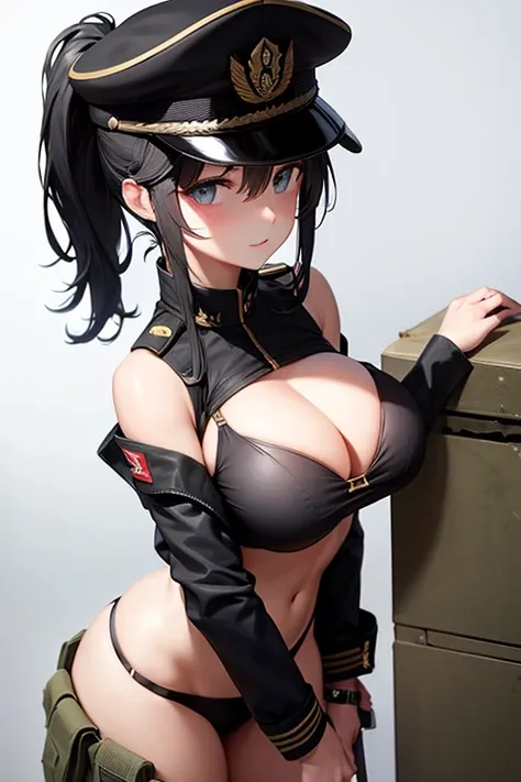 Military Uniform, Black Hair, Breast, Military Cap, Ponytail, Bikini