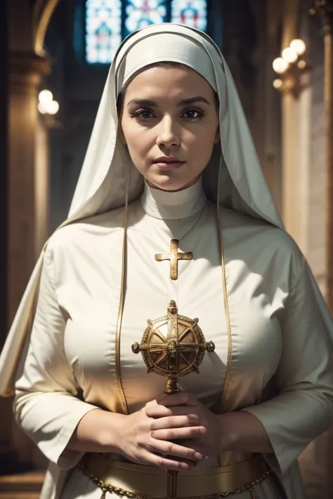 (((masterpiece))), (((best quality))), ((ultra-detailed)), (highly detailed CG illustration), ((an extremely strong and beautiful)),(mature and powering face),cinematic light,((1woman plus size nun)),solo,full body,expressionless (character focus) medieval...