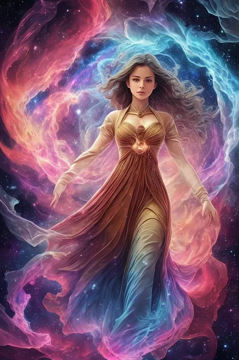 inconceivable and spectacular a scene of emergence of a woman from the glowing cloud, looking at viewer, fractal nebula threads, cosmic entities, celestial, cosmic, vibrant and vivid, swirls, twirling, unrealistic, high contrast, symobolism, magical, mysti...