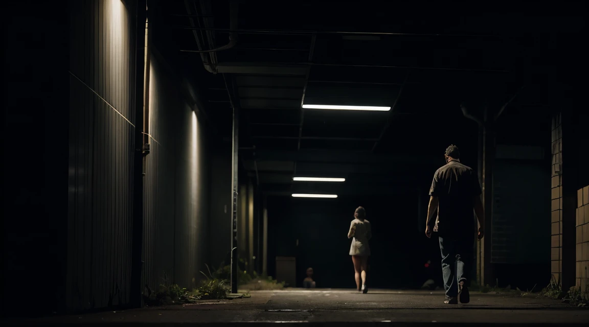 A creepy dirty man walking behind a lady with good distance between them in an underground parking lot