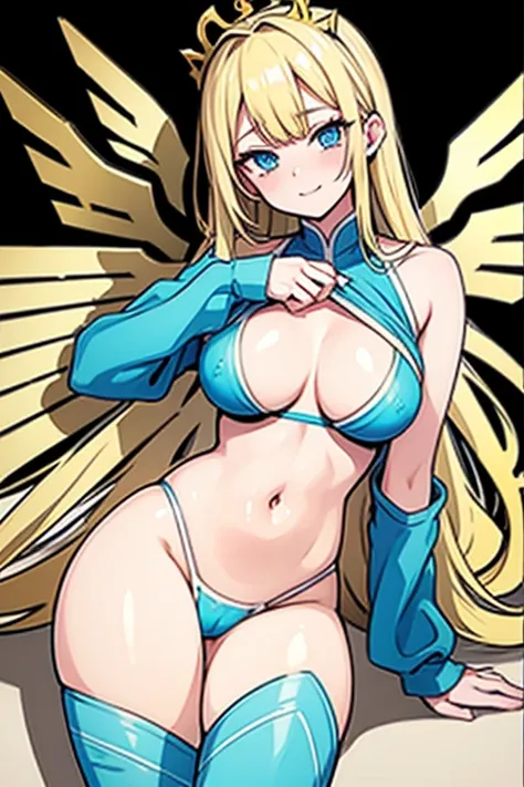 ((Best Quality)), ((Masterpiece)), (detailed), perfect faces, blonde hair, blue eyes, large breast, sexy, sky blue bra, sky blue lingerie, sky blue underwear, cum in pussy, breast milk, angel wings