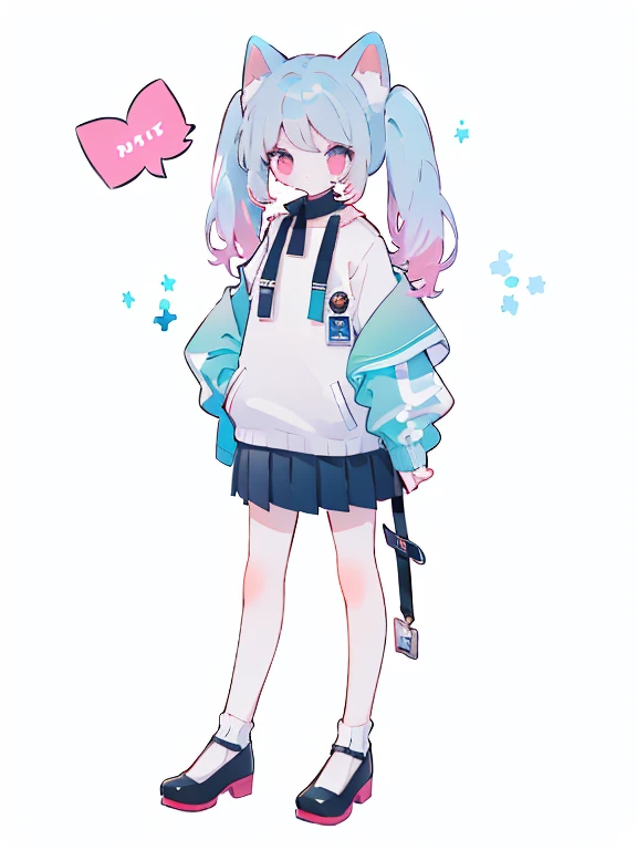 A cute two-dimensional cat-eared girl about 17 years old，A normal girl&#39;s body shape is a bit flat-chested，There is a cat tail，The expression is a little shy，Light pink hair with blue highlights，Long hair micro-curls，There are shorter twintails on both ...