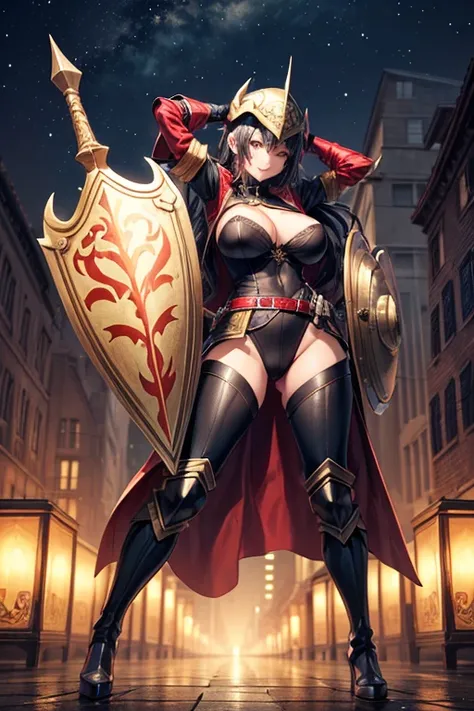 Woman knight、a beauty girl、huge tit、Excellent style、Nice Buddy、Black leotard、s Armor、Bra chest armor、knee boots、gauntlets、greave、hair adornments、black hair、Longhaire、is standing、full body seen、Night view、a smile、１Person-person perspective、front facing、Look...