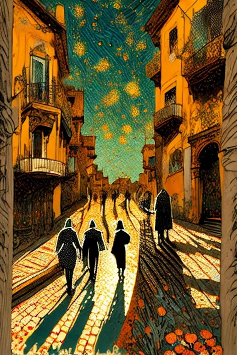 Affiche de style vectoriel Van Gogh (quartier Príncipe Real dans la ville de Lisbonne) en terrasse le soir sur la place de la ville à Lisbonne le soir de Noël avec les décorations de Noël ; peinture naturalisme impressionniste pointillisme couleurs vives a...