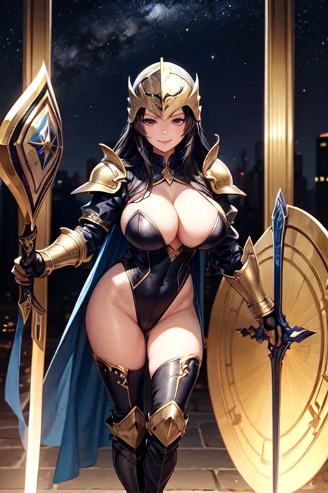 Woman knight、a beauty girl、huge tit、Excellent style、Nice Buddy、Black leotard、s Armor、Bra chest armor、knee boots、gauntlets、greave、hair adornments、black hair、Longhaire、is standing、full body seen、Night view、a smile、１Person-person perspective、front facing、Look...