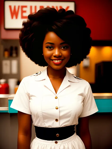 a waitress, pinup, dark skin, afro, art style, kodak portra 400, cinematic, (smiling:0.6), (closeup:0.8)