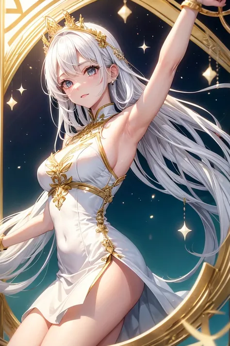 queen、white  hair、whitedress、Gold decoration、