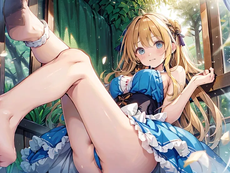 A 12 year old girl with a cute Alice in Wonderland blonde wavy headband sits naked with her legs spread wide showing her ass, anus, pussy and small nipples.。I dont wear any underwear。A pose where you can be seen from below。are small。Pose that shows your an...