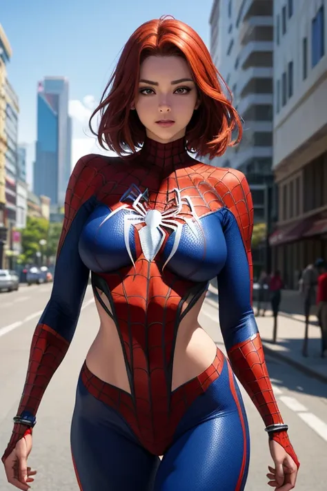 Gere uma obra-prima foto realista, a woman wearing a Spider-Man bikini-style outfit with white stripes. She&#39;s unmasked with a pretty redhead, rosto e corpo coreano, Sardas, cintura fina, figura esbelta, seios grandes, posando como spider man, tallest s...