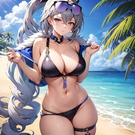 Honkai star rail, silver wolf, busty, wide hips, pusay juice, silver hair, sexy, v1.0, beach