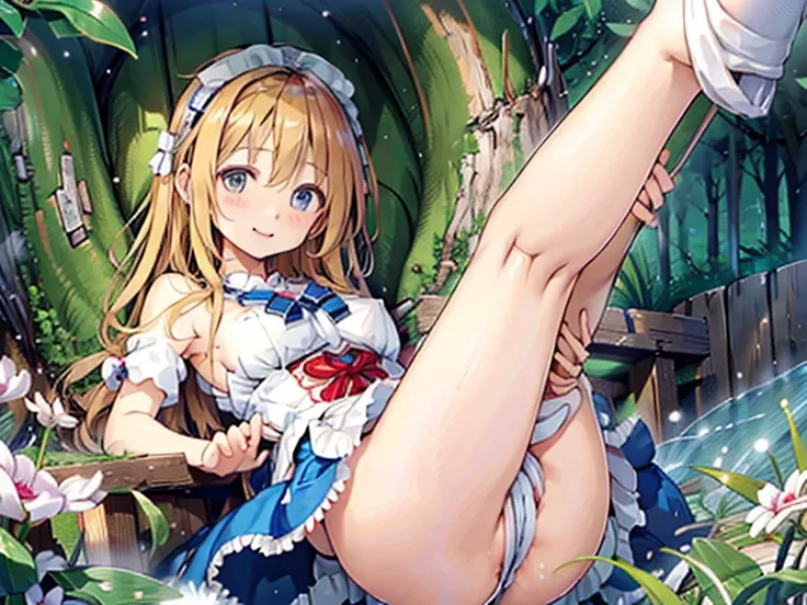 A 12 year old girl with a cute Alice in Wonderland blonde wavy headband sits naked with her legs spread wide showing her ass, anus, pussy and small nipples.。I dont wear any underwear。A pose where you can be seen from below。are small。Pose that shows your an...