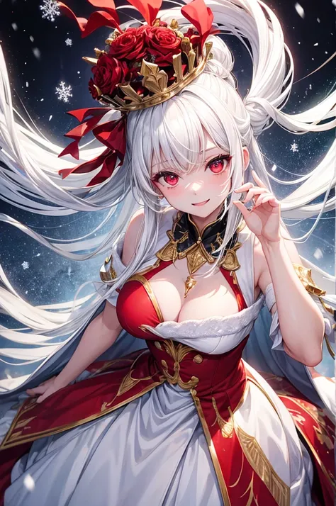 queen、white  hair、white dres、Gold decoration、red eyes、in snow、ssmile