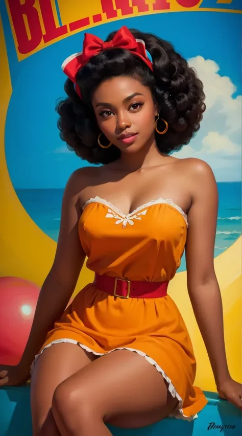 20 years old girl , dark skin, afro hair, vintage, retro pin up style,sexy, dress, colorful, masterpieces art work, illustrated,