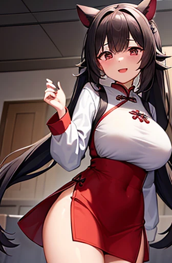 A dark-haired　two long braided pigtails　She is wearing a form-fitting Chinese dress with a red miniskirt.　Then, like a scientist, take off your white coat.　eye glass　huge tit　a junior high school student　I&#39;m in a research lab somewhere doing some exper...