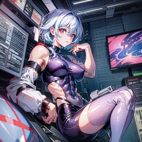 （（（​masterpiece）））、（（（Top image quality）））、（（（top-quality）））、（（Illustration of one girl））、（（（Muscle Girl）））、（（（blue silver short hair）））、Red eyes、（（Tall））、（（（Muscular and strong body）））、（（abdominals））、（（muscular and thick arms））、（（muscular and thick legs））...