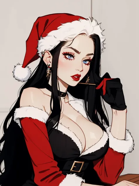 Mrs Claus, long black hair hair, milf, busty, sleigh, goth. black hair, piercings, gothic, pale skin, lip piercing, nose piercing, pale white skin, santa hat, pale blue eyes