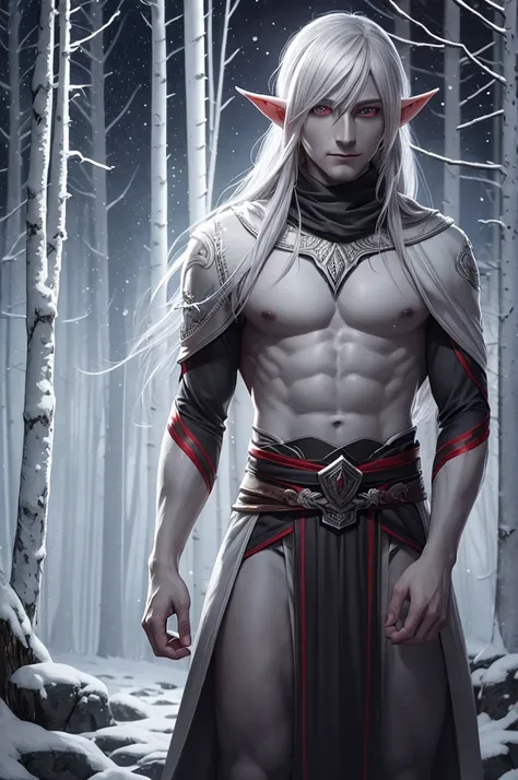 Male drow elf with gray skin and red eyes., white colored hair, winter forest background, night time, moon light, Magic Lights, minimal smile, hyper-detailing, clipart, album elements, historical takeover, Cinematic, Editorial, Highly detailed, bright colo...