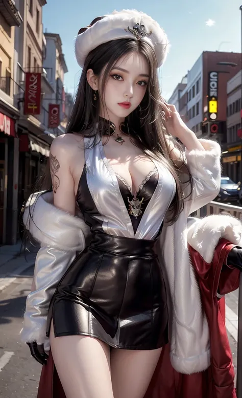 full body Esbian, of the highest quality, Intricately detailed skins, Shiny skin, Shiny hair, pale complexion，Colossal tits ,Big breasts), 　Red sky,　Red Moon， Inside the city, ((Skull Mark)), ambitious, Seductive Woman, Gray hair, Long hair, Hair flutterin...