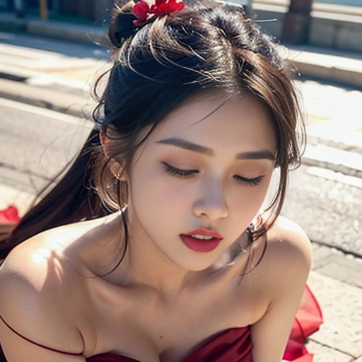 A big red silk dress with a very low neckline，Reveal plump breasts，The face resembles a hibiscus，Eyebrows like willows，Eyes that are more charming than peach blossoms，Skin like snow，Her black hair was pulled into a high beauty bun，The beads on their heads ...