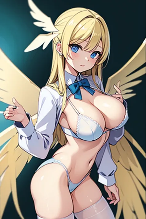 ((Best Quality)), ((Masterpiece)), (detailed), perfect faces, blonde hair, blue eyes, large breast, sexy, white bra, white lingerie, white underwear, cum in pussy, breast milk, angel wings