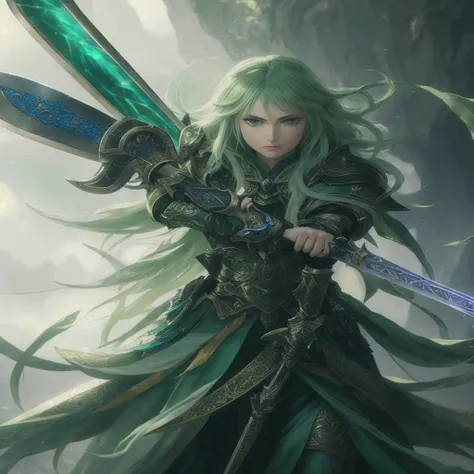 Close-up of a green-haired woman holding a sword, epic exquisite character art, a blonde emerald warrior, epic fantasy art style hd, 2. 5 d cgi anime fantasy artwork, detailed fantasy art, shadowverse character concept, highly detailed fantasy art, epic fa...