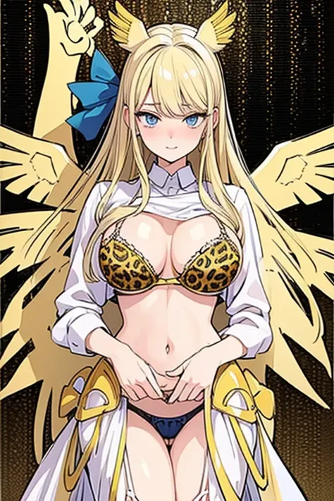 ((Best Quality)), ((Masterpiece)), (detailed), perfect faces, blonde hair, blue eyes, large breast, sexy, leopard pattern bra, leopard pattern lingerie, leopard pattern underwear, cum in pussy, breast milk, angel wings