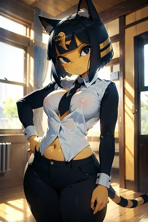 ankha, anime style, catgirl, cat ears, yellow fur, blue hair, blue cat tail, yellow stripes tail, shorts hair, wide hips, thick thighs, huge round ass, medium breast, business suit, formal suit, white shirt, long sleeve black formal suit, black necktie, bl...