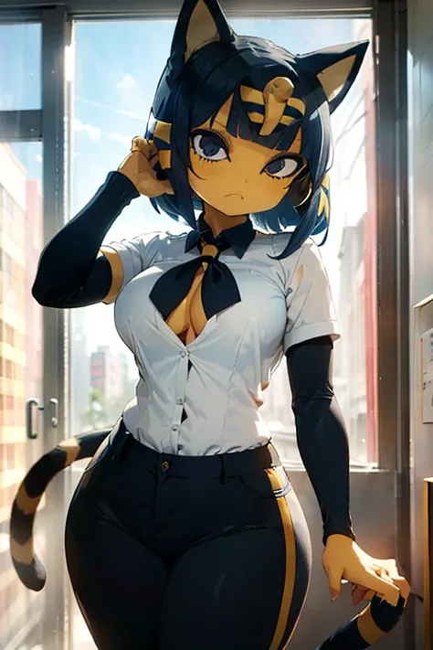 ankha, anime style, catgirl, cat ears, yellow fur, blue hair, blue cat tail, yellow stripes tail, shorts hair, wide hips, thick thighs, huge round ass, medium breast, business suit, formal suit, white shirt, long sleeve black formal suit, black necktie, bl...