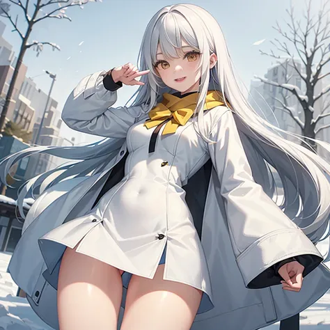 hightquality, hight resolution、20yr old、The face is small、 A slender、Model-like body shape、long bright white hair ，Straight bangs, sharp eye, yellow eyeun look、ssmile、Large bust、White muffler、white duffel coat、tights、Snowy Park