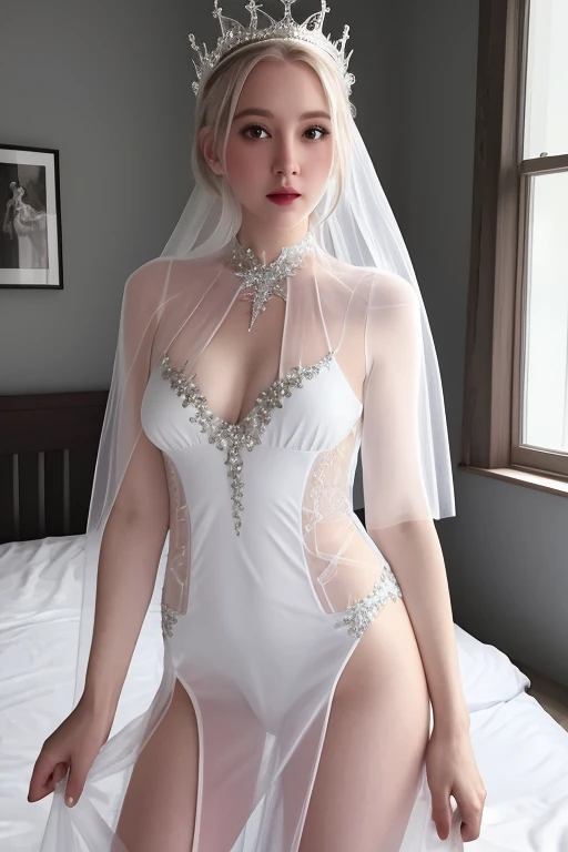 Snow Queen, see-through dress, confused, on bed