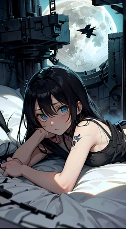 Mato Kuroi from black rock shooter on a bed in a bedroom, space, space ship, bed, bedroom, futuristic, moon,