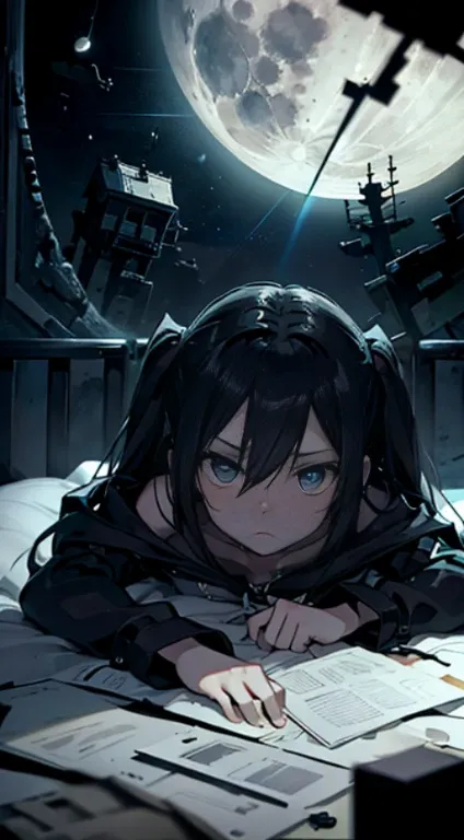 mato kuroi from black rock shooter on a bed in a bedroom, space, space ship, bed, bedroom, futuristic, moon,