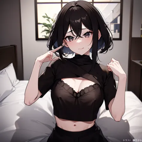 ((​masterpiece、top-quality))、8k、akirav4、1girl in、mouth_hold、(Black shirt:1.1)、A dark-haired、a navel、White bra、cum on chest